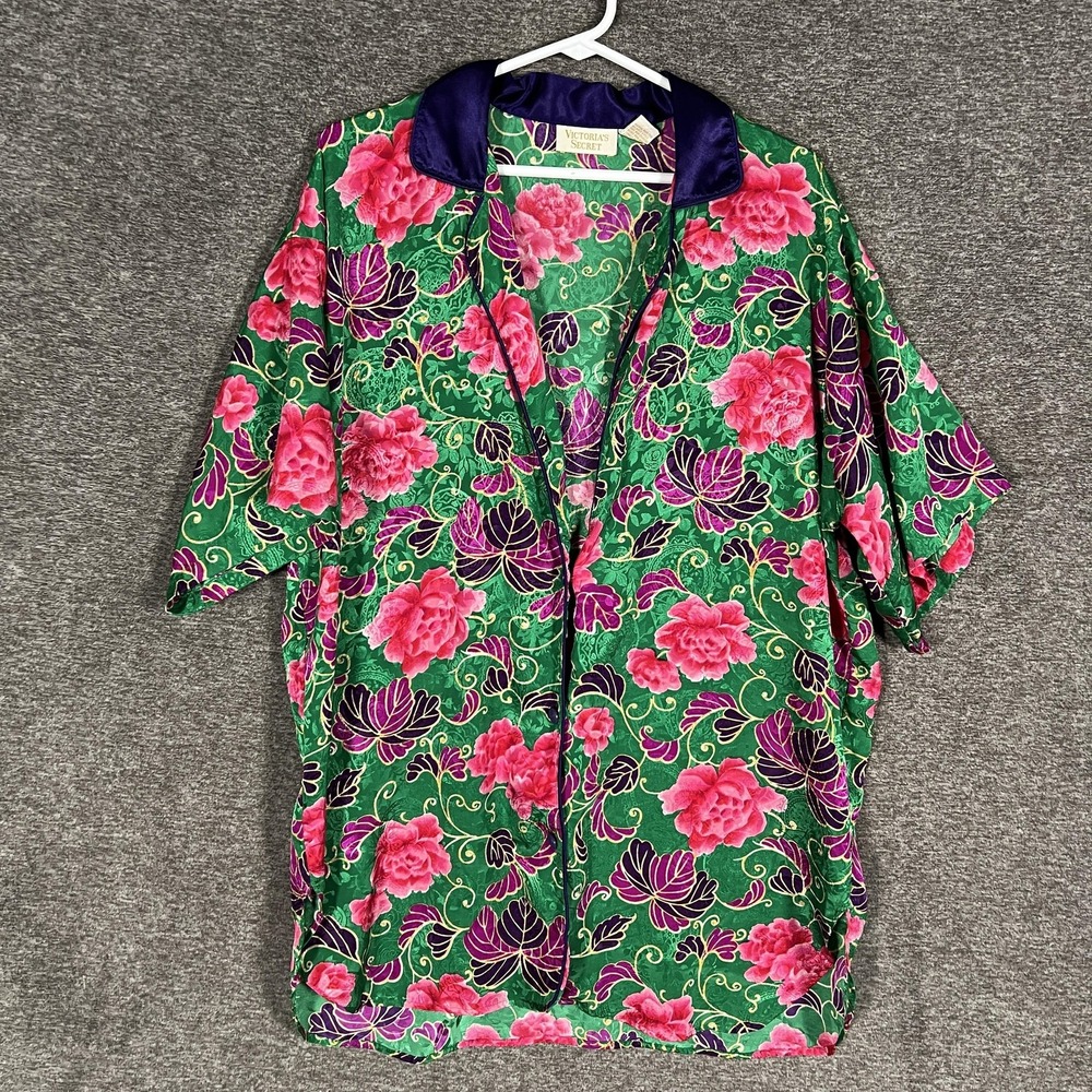 Gold Victoria's‎ Secret Robe Womens M/L Green Pink Floral Satin Kimono Lounge